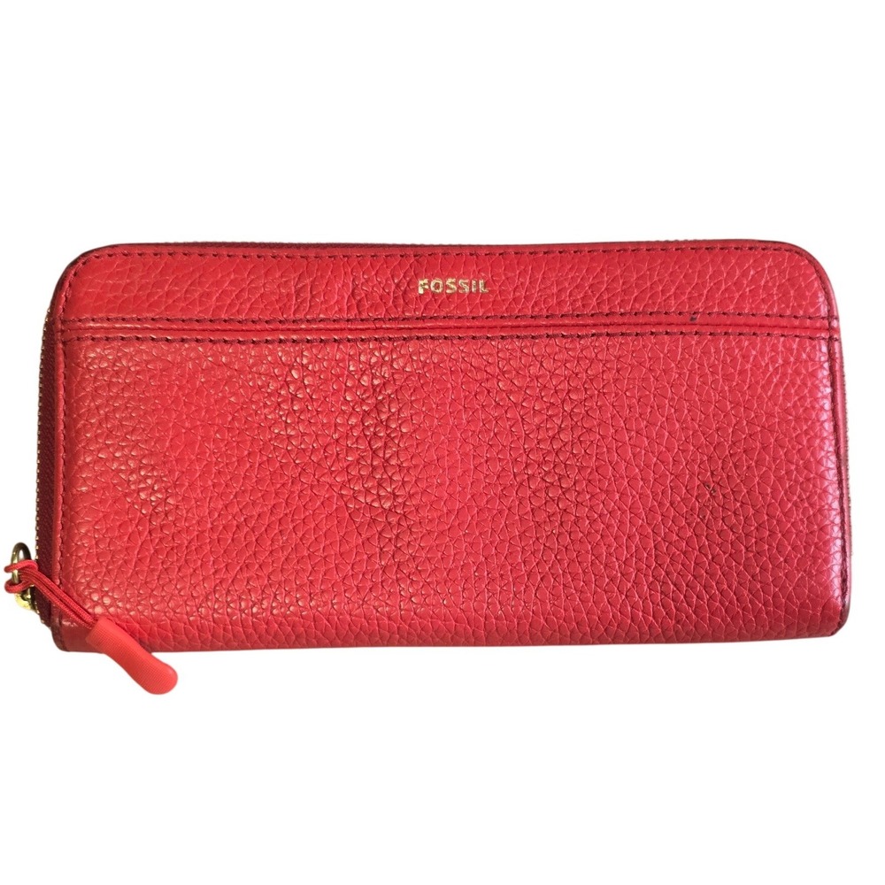 Fossil Red Pebbled Leather Zip Around Continental Wallet Gold Logo Organizer